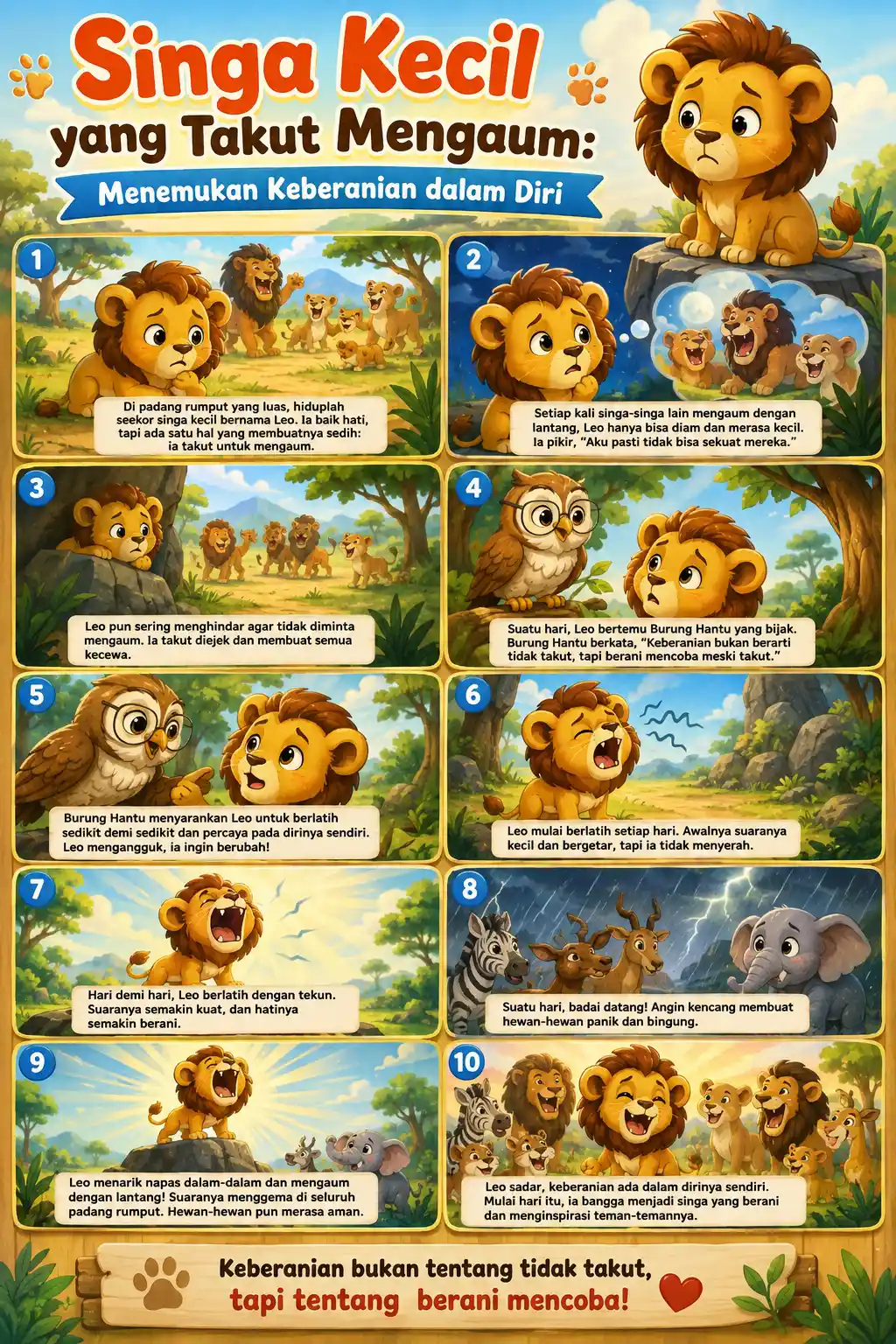 Poster Edukasi Anak Singa Menemukan Keberanian Diri Dekorasi Dinding Kamar Belajar - Kualitas Premium