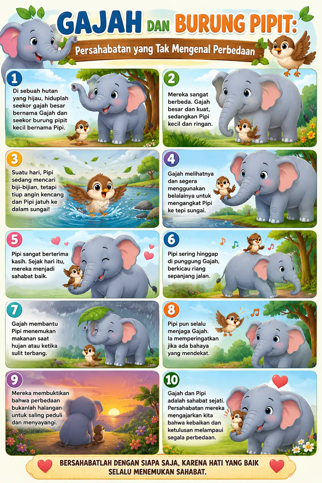 Poster Edukasi Anak Gajah & Burung Pipit Persahabatan - Hiasan Dinding Sekolah TK PAUD Murah Berkualitas