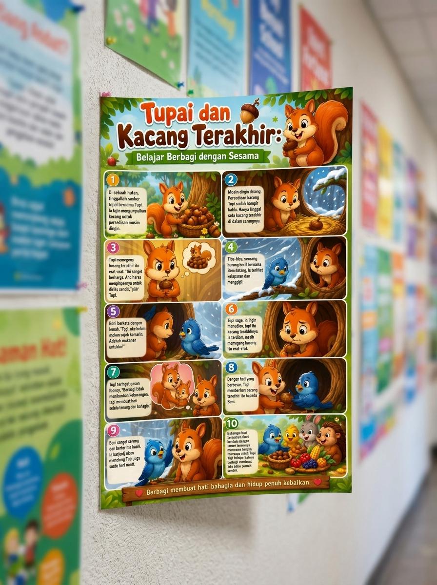 Poster Edukasi Anak Tupai dan Kacang Terakhir Seri Belajar Berbagi Hiasan Dinding Kamar