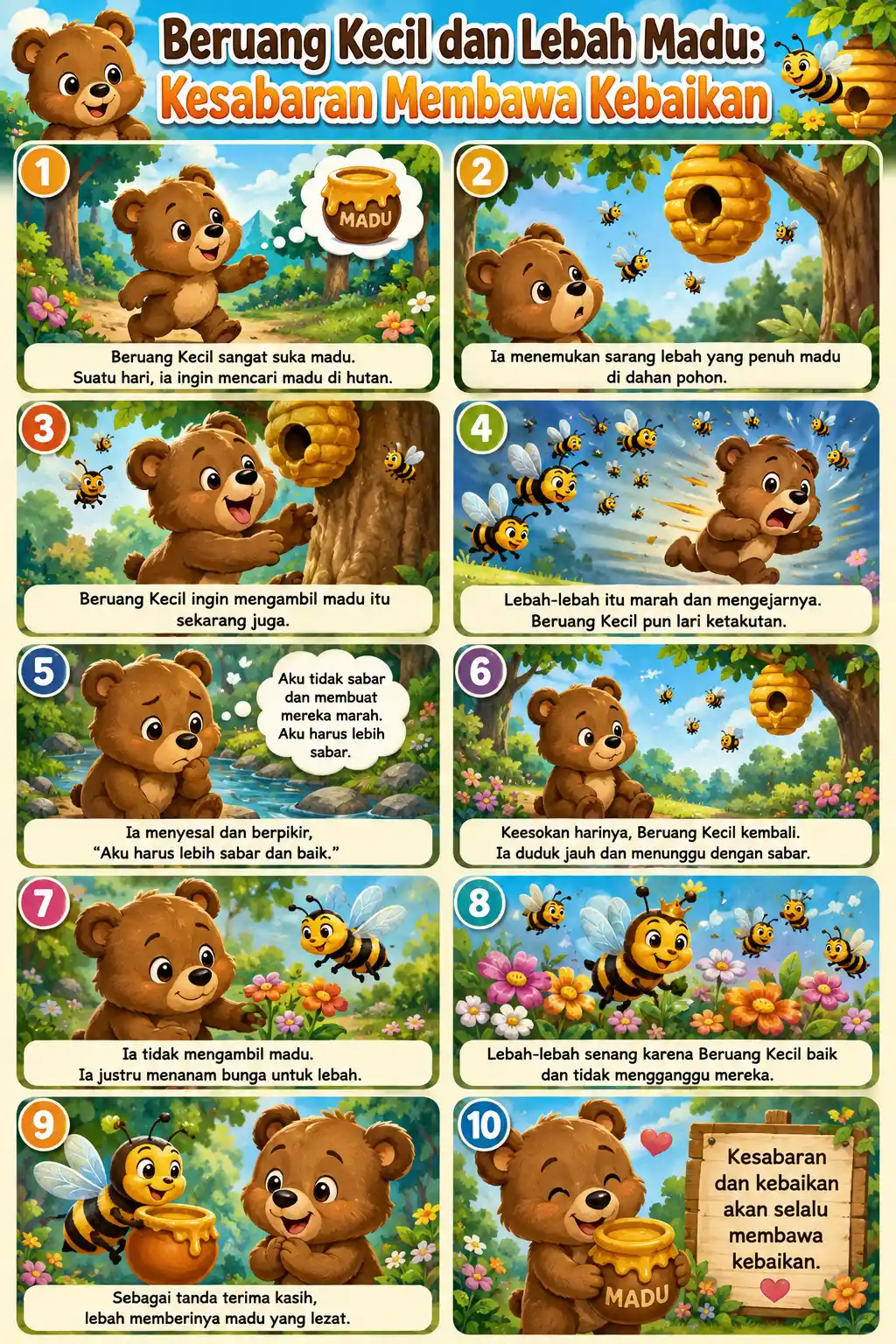 Hiasan Dinding Poster Anak Edukasi Beruang dan Lebah Madu - Dekorasi Kamar Tidur Estetik