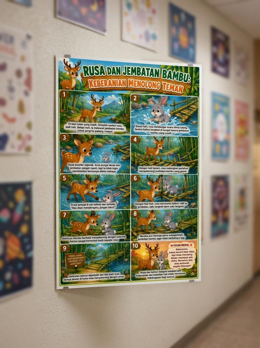 Poster Lukisan Rusa Jembatan Bambu Estetik - Wall Decor Kamar Anak Karakter Keberanian - Pajangan Dinding Minimalis HD