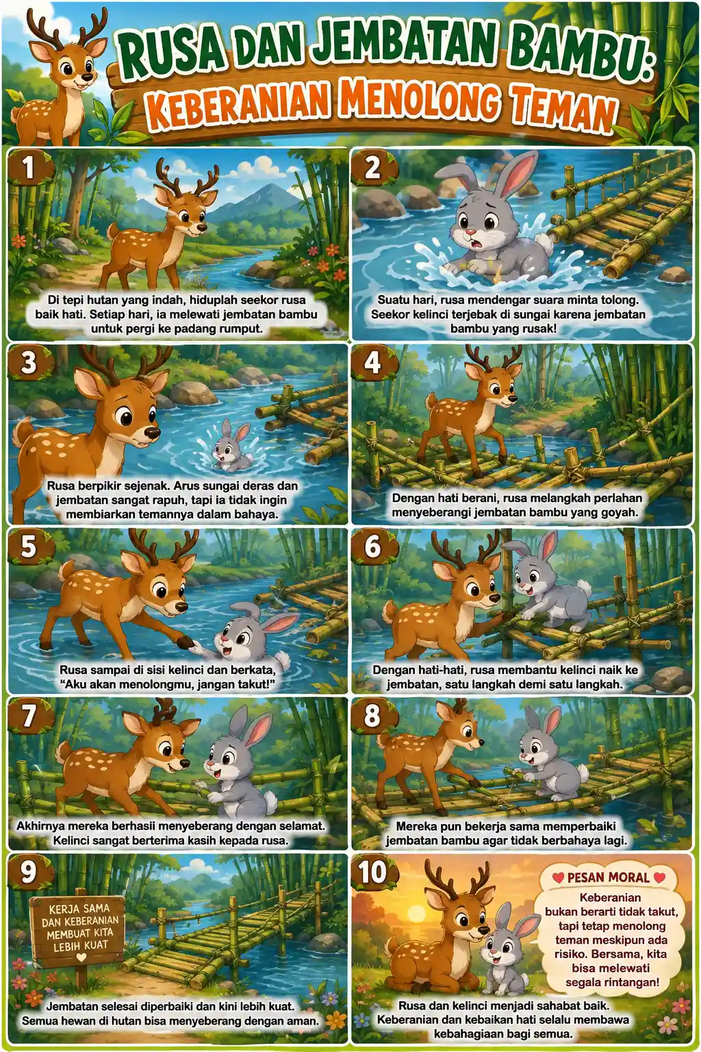 Poster Lukisan Rusa Jembatan Bambu Estetik - Wall Decor Kamar Anak Karakter Keberanian - Pajangan Dinding Minimalis HD