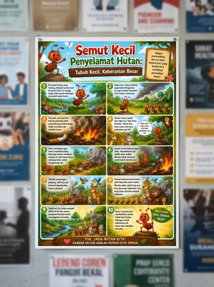 Poster Edukasi Anak Semut Kecil Penyelamat Hutan Hiasan Dinding Kamar Aesthetic TK SD