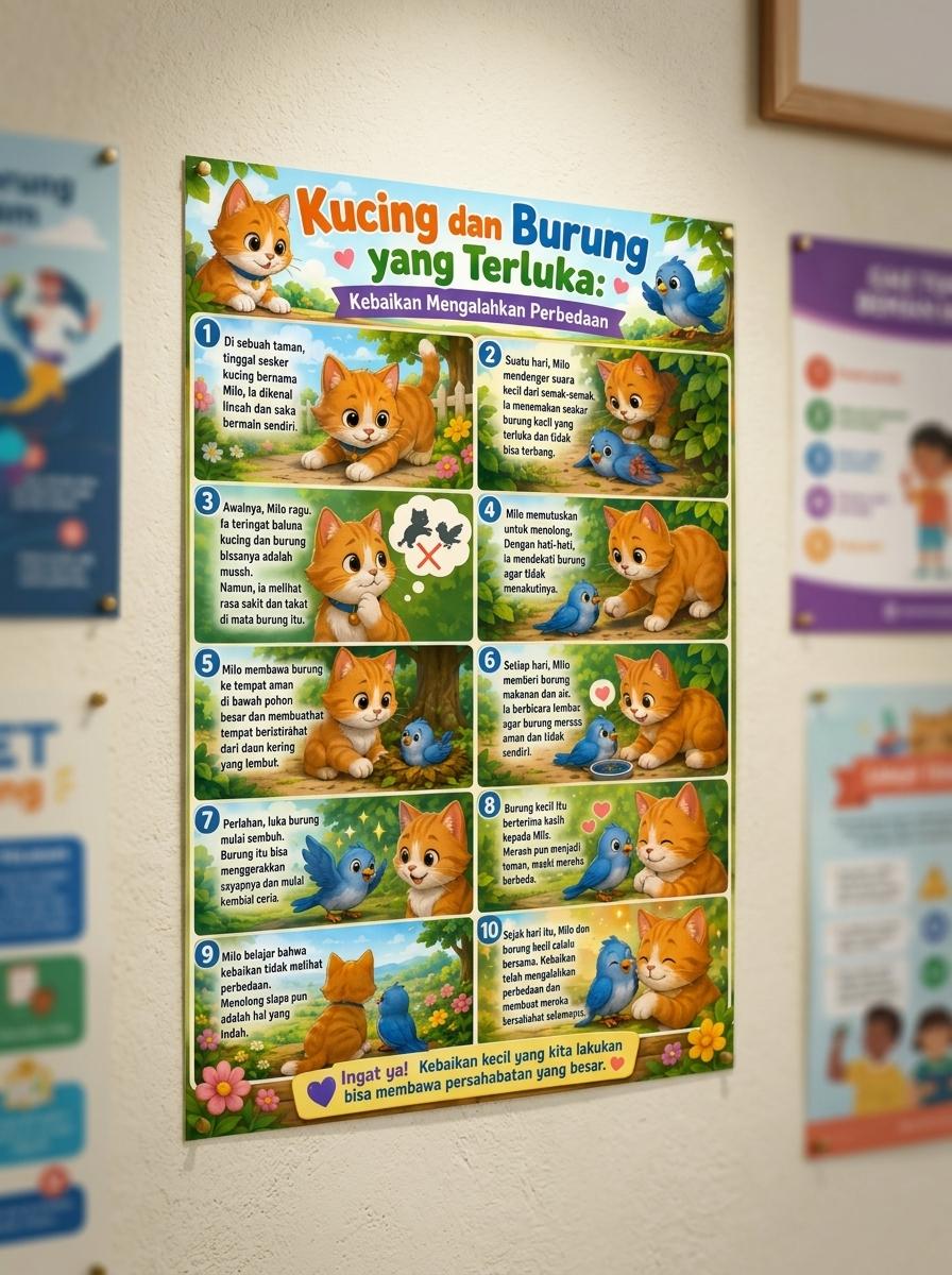 Poster Edukasi Anak Kucing & Burung - Pajangan Dinding Cerita Kebaikan Mengalahkan Perbedaan - Termurah & Berkualitas