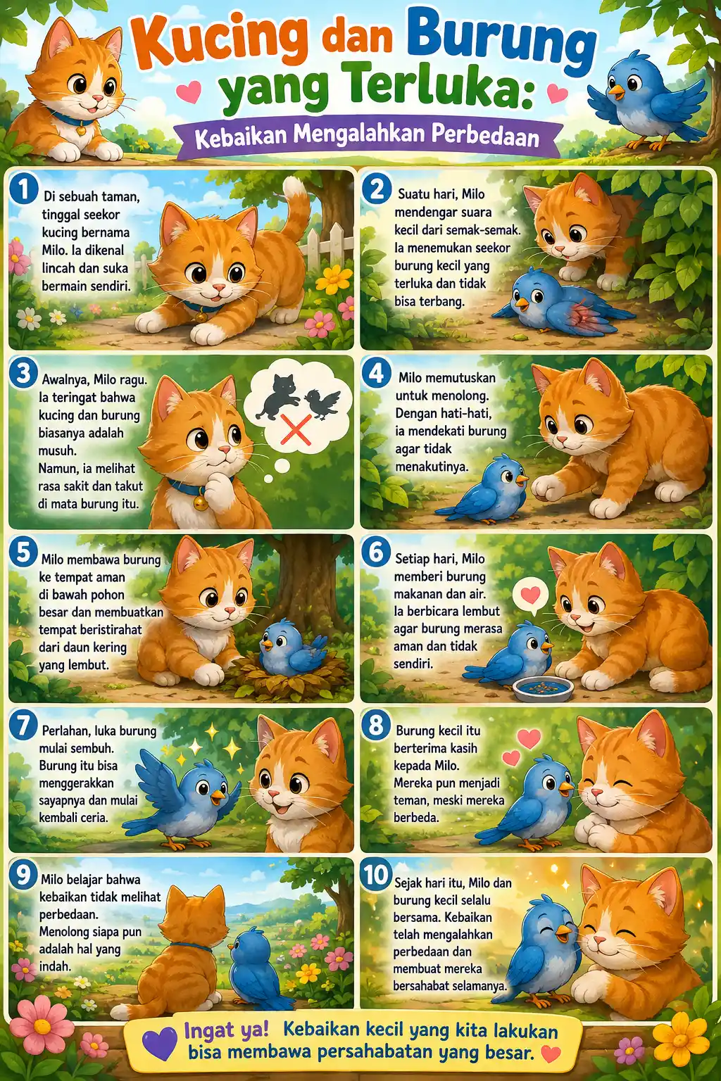 Poster Edukasi Anak Kucing & Burung - Pajangan Dinding Cerita Kebaikan Mengalahkan Perbedaan - Termurah & Berkualitas