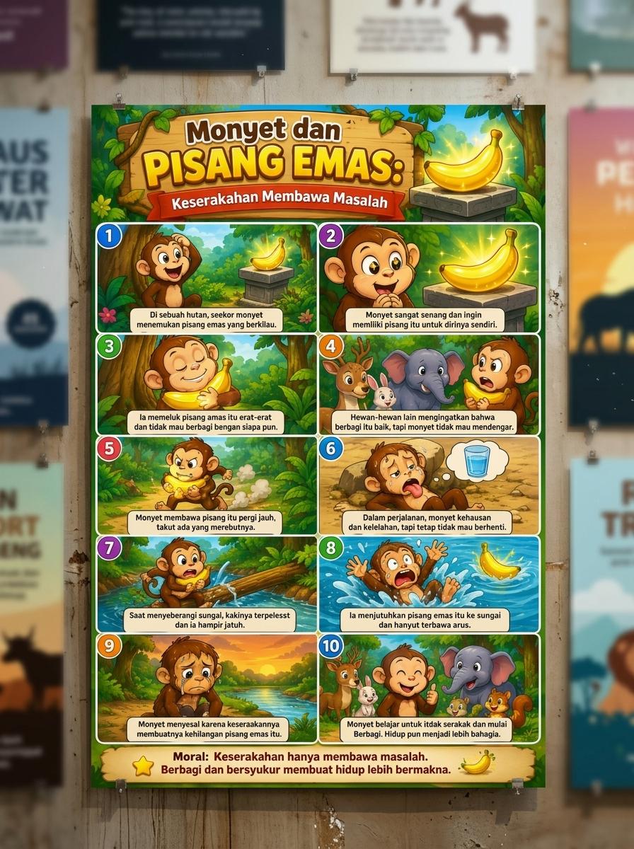 Poster Edukasi Anak Monyet & Pisang Emas - Hiasan Dinding Kamar Karakter Dongeng Lucu