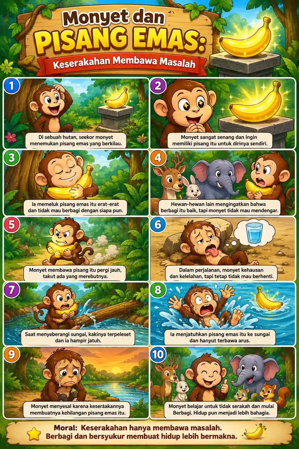 Poster Edukasi Anak Monyet & Pisang Emas - Hiasan Dinding Kamar Karakter Dongeng Lucu