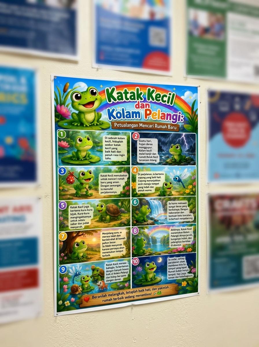 Poster Edukasi Anak Lucu Seri Katak Kecil & Kolam Pelangi - Wall Decor Cerita Petualangan Kualitas Premium
