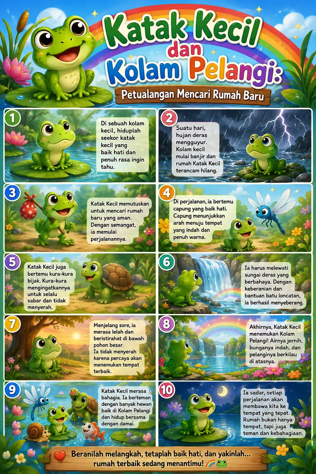 Poster Edukasi Anak Lucu Seri Katak Kecil & Kolam Pelangi - Wall Decor Cerita Petualangan Kualitas Premium