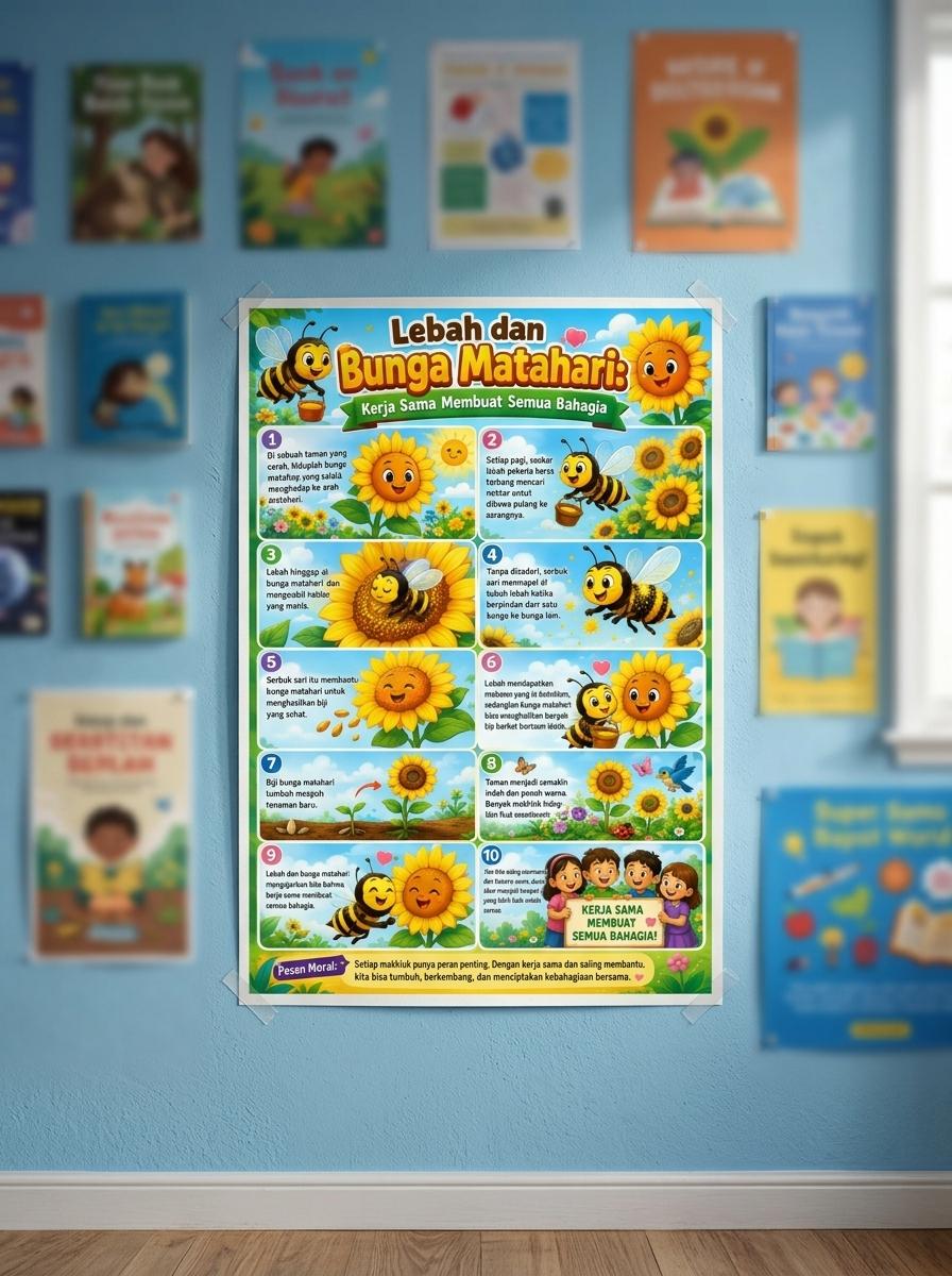 Poster Edukasi Anak Lebah dan Bunga Matahari Hiasan Dinding Sekolah TK PAUD Karakter Kerjasama