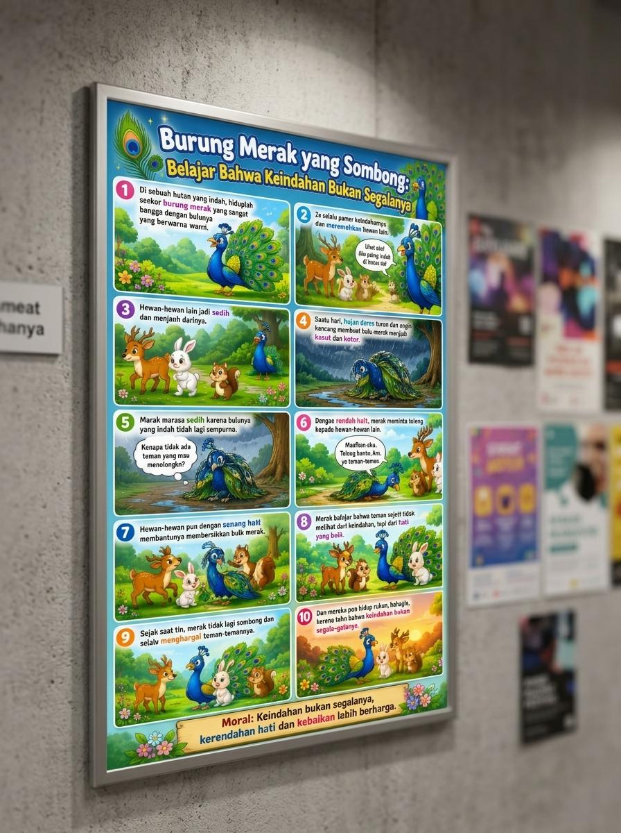 Poster Cerita Fabel Burung Merak yang Sombong - Poster Edukasi Anak TK PAUD SD Murah Berkualitas Lengkap