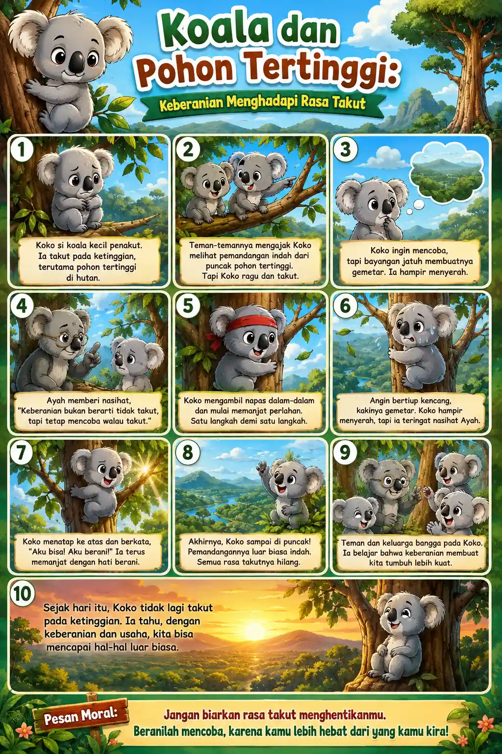 Poster Karakter Koala Pohon Tertinggi Edukatif - Kado Hadiah Anak Hiasan Kamar TK PAUD Motivasi Keberanian