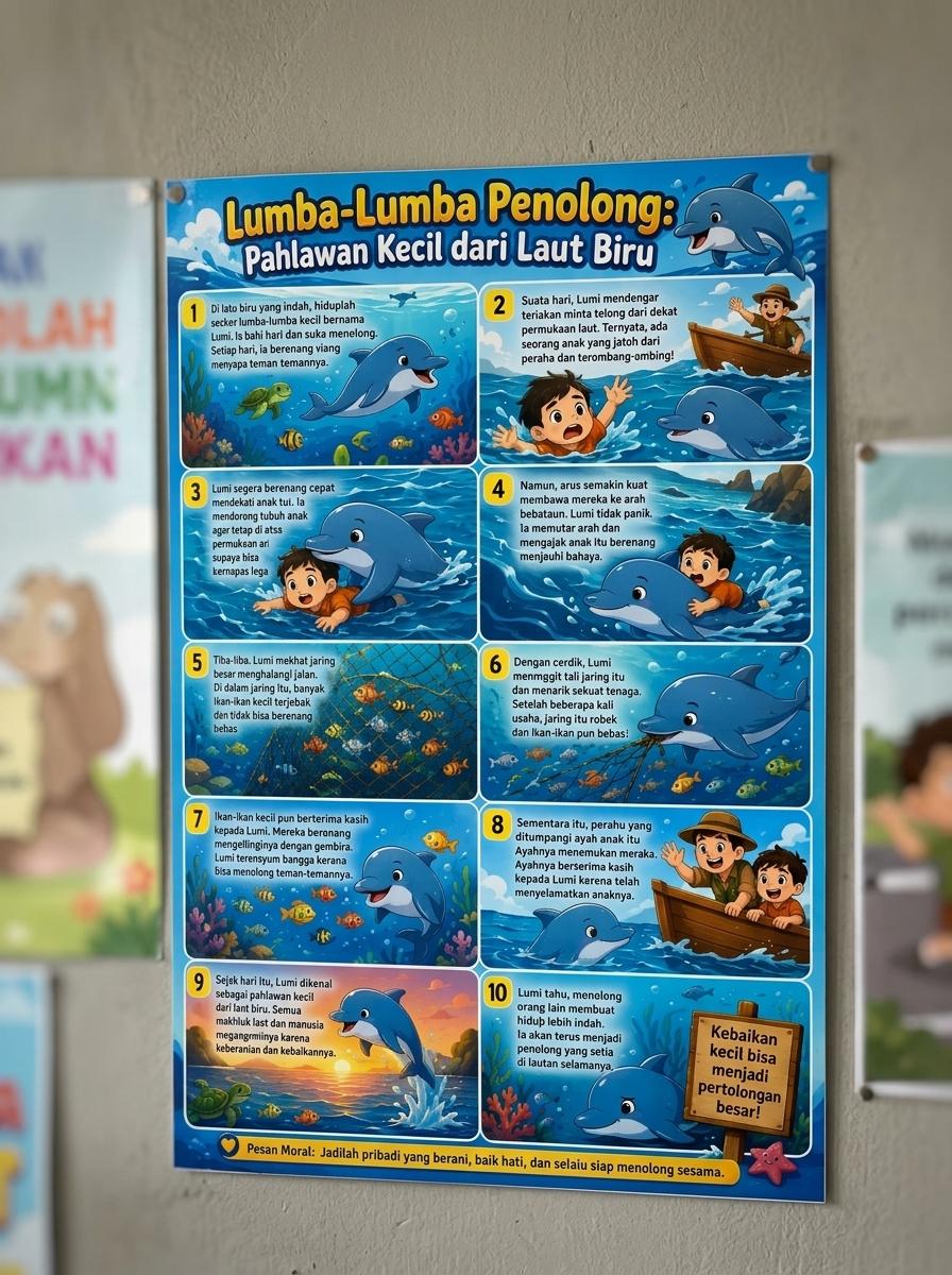 Poster Edukasi Anak Lumba-Lumba Penolong Hiasan Dinding Kamar TK PAUD - Cerita Pahlawan Laut Biru