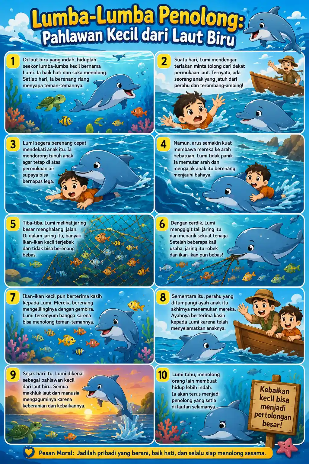 Poster Edukasi Anak Lumba-Lumba Penolong Hiasan Dinding Kamar TK PAUD - Cerita Pahlawan Laut Biru