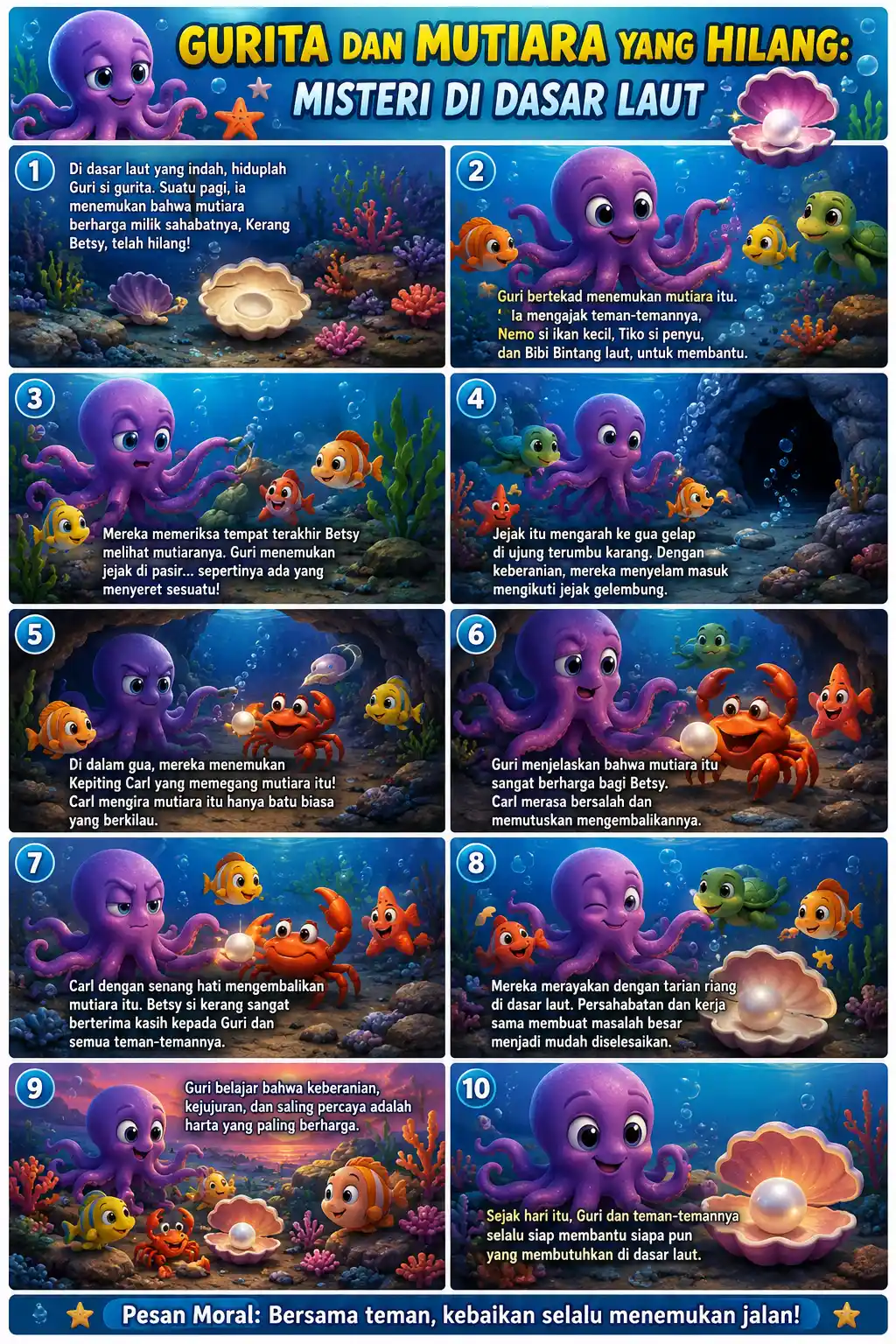 Poster Dinding Gurita & Mutiara yang Hilang Misteri Dasar Laut Dekorasi Kamar Estetik A3 A4