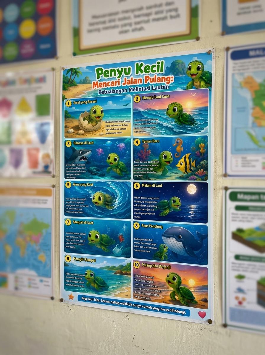 Poster Edukasi Anak Penyu Kecil Mencari Jalan Pulang - Hiasan Dinding Kamar Aesthetic - Pajangan Dinding Lautan