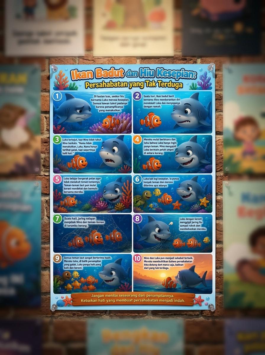 Poster Dinding Ikan Badut & Hiu Kesepian Hiasan Kamar Aesthetic Pajangan Edukasi Anak Ukuran A3/A4