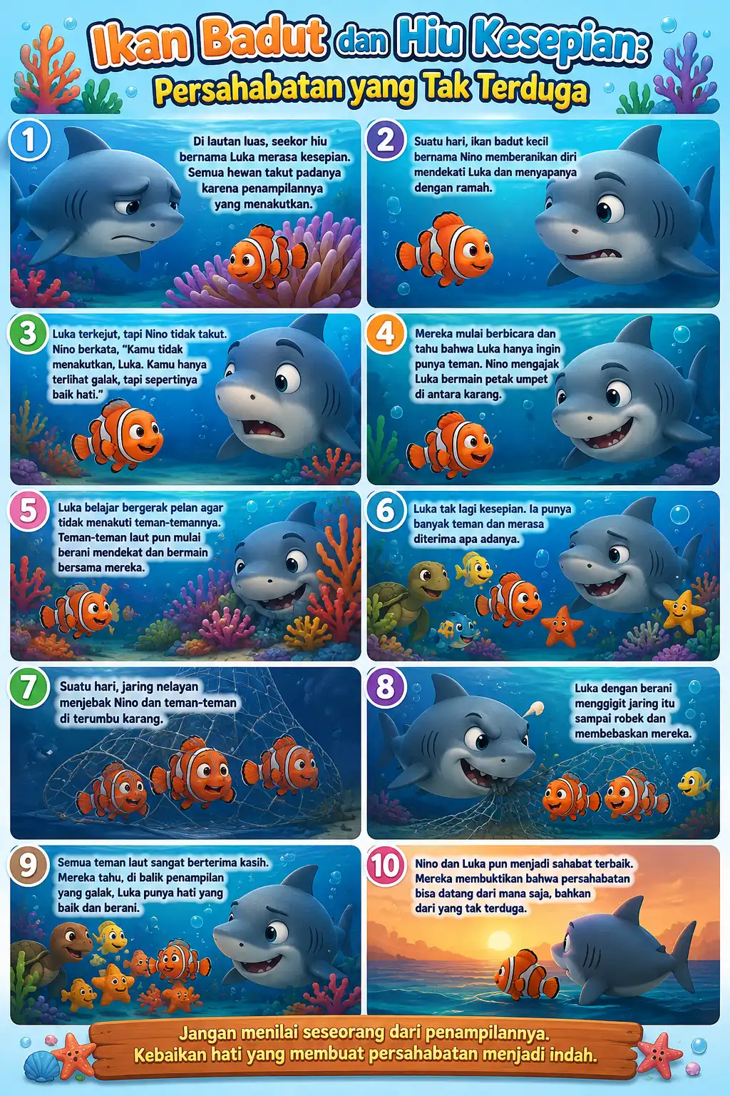 Poster Dinding Ikan Badut & Hiu Kesepian Hiasan Kamar Aesthetic Pajangan Edukasi Anak Ukuran A3/A4