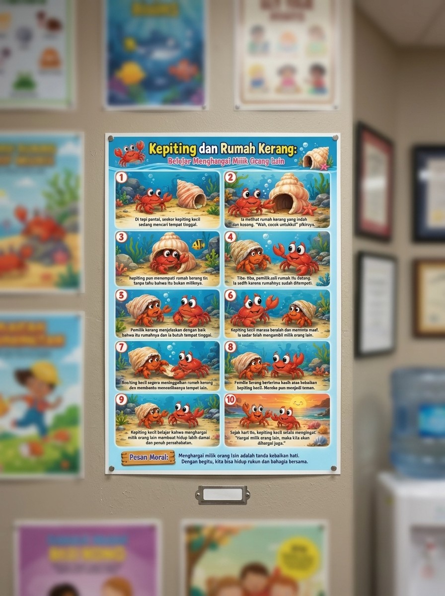Poster Edukasi Anak - Cerita Kepiting dan Rumah Kerang - Belajar Menghargai Milik Orang Lain - Media Belajar Karakter PAUD TK SD