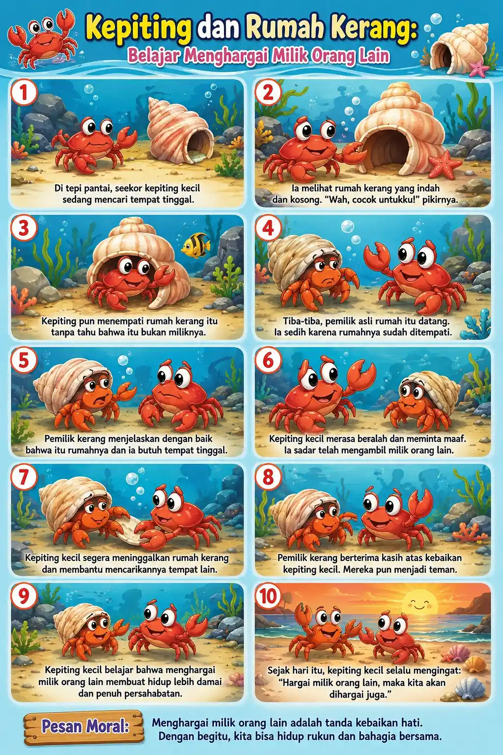 Poster Edukasi Anak - Cerita Kepiting dan Rumah Kerang - Belajar Menghargai Milik Orang Lain - Media Belajar Karakter PAUD TK SD
