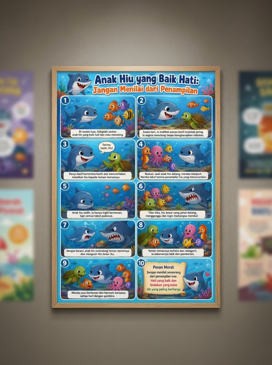 Poster Edukasi Anak Karakter Hiu Baik Hati Hiasan Dinding Kamar Belajar - Seri Pendidikan Karakter Moral