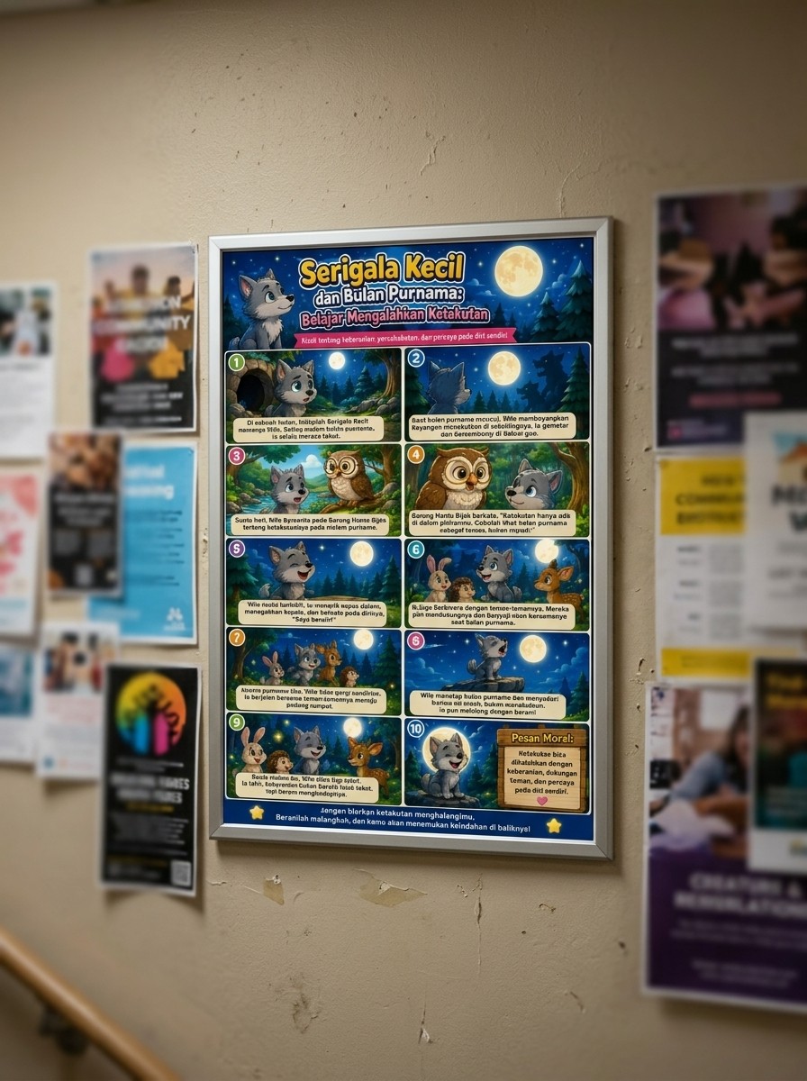 Poster Edukasi Anak Serigala & Bulan Dekorasi Dinding Kamar Anak - Media Belajar Mengalahkan Ketakutan Lucu Murah
