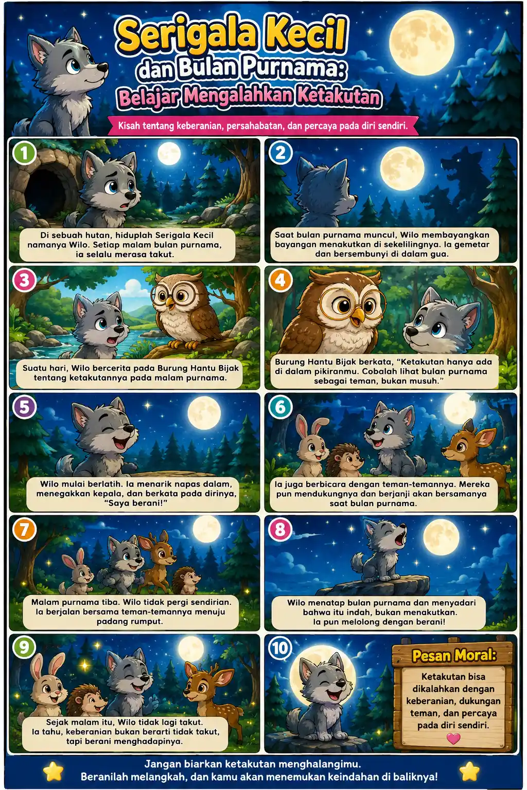 Poster Edukasi Anak Serigala & Bulan Dekorasi Dinding Kamar Anak - Media Belajar Mengalahkan Ketakutan Lucu Murah