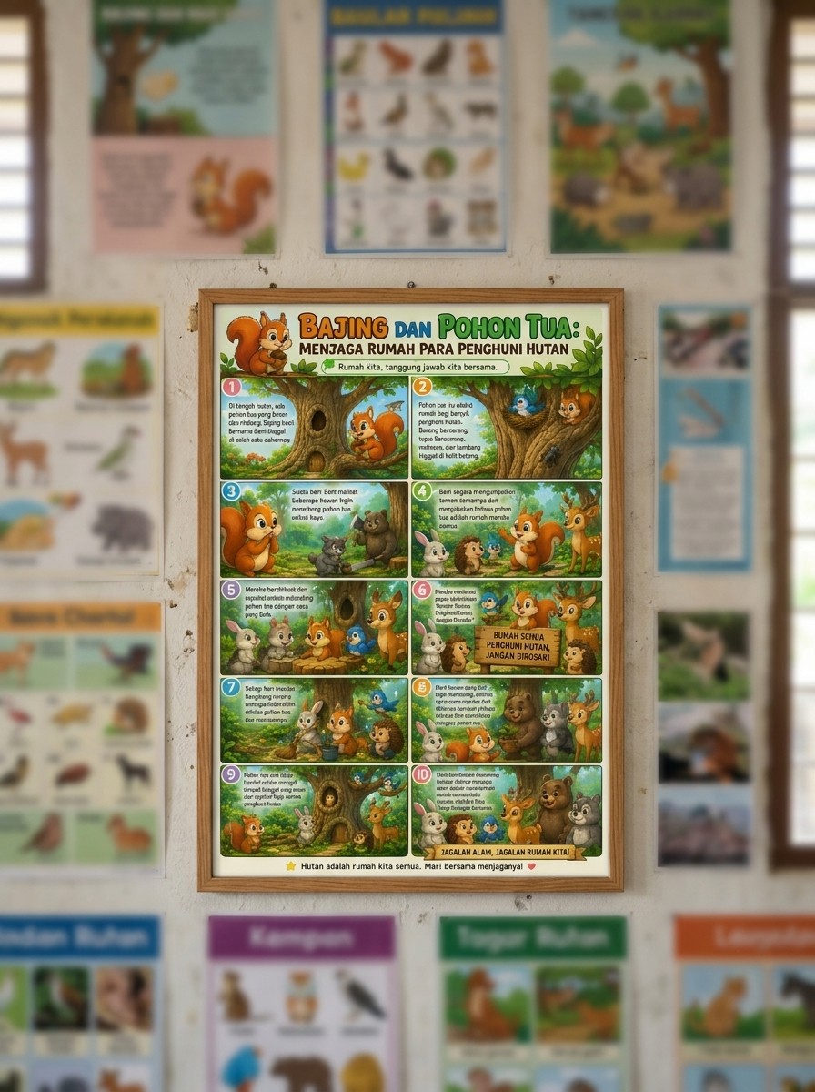Poster Edukasi Anak Bajing & Pohon Tua Pajangan Dinding Kamar Tidur Lukisan Hewan Hutan