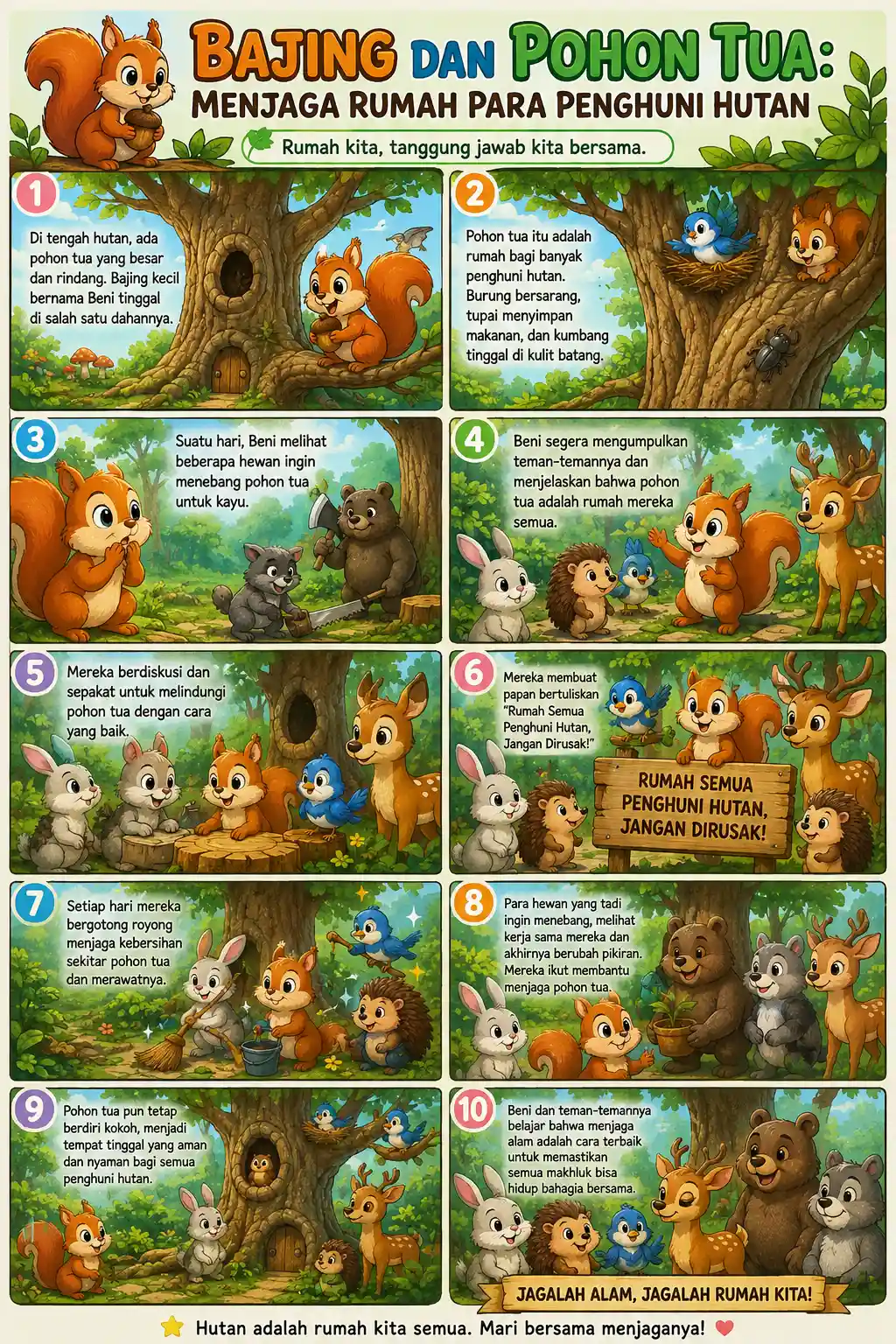 Poster Edukasi Anak Bajing & Pohon Tua Pajangan Dinding Kamar Tidur Lukisan Hewan Hutan