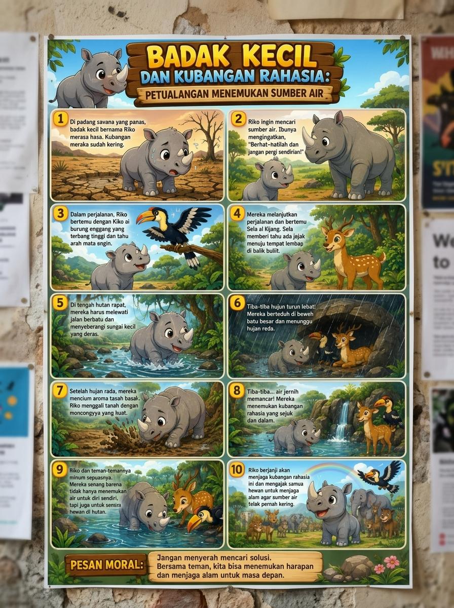 Poster Dinding Anak Edukasi Badak Kecil Hiasan Kamar Estetik - Petualangan Menemukan Sumber Air