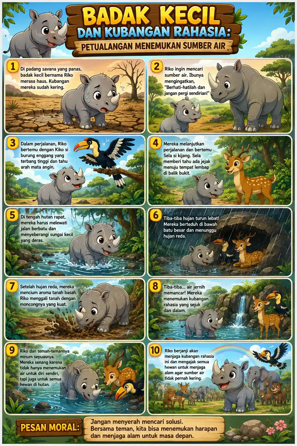 Poster Dinding Anak Edukasi Badak Kecil Hiasan Kamar Estetik - Petualangan Menemukan Sumber Air