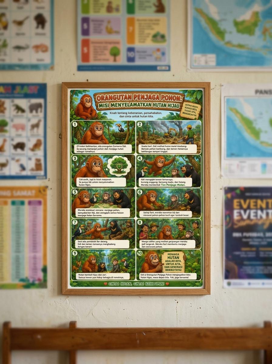 Poster Edukasi Orangutan Misi Menyelamatkan Hutan - Hiasan Dinding Dekorasi Kamar Anak & Sekolah