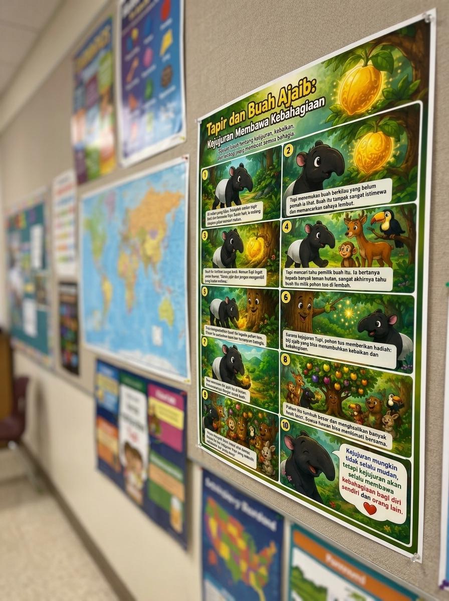 Poster Edukasi Anak Tapir dan Buah Ajaib - Hiasan Dinding Kamar Karakter Hewan Lucu - Kado Anak