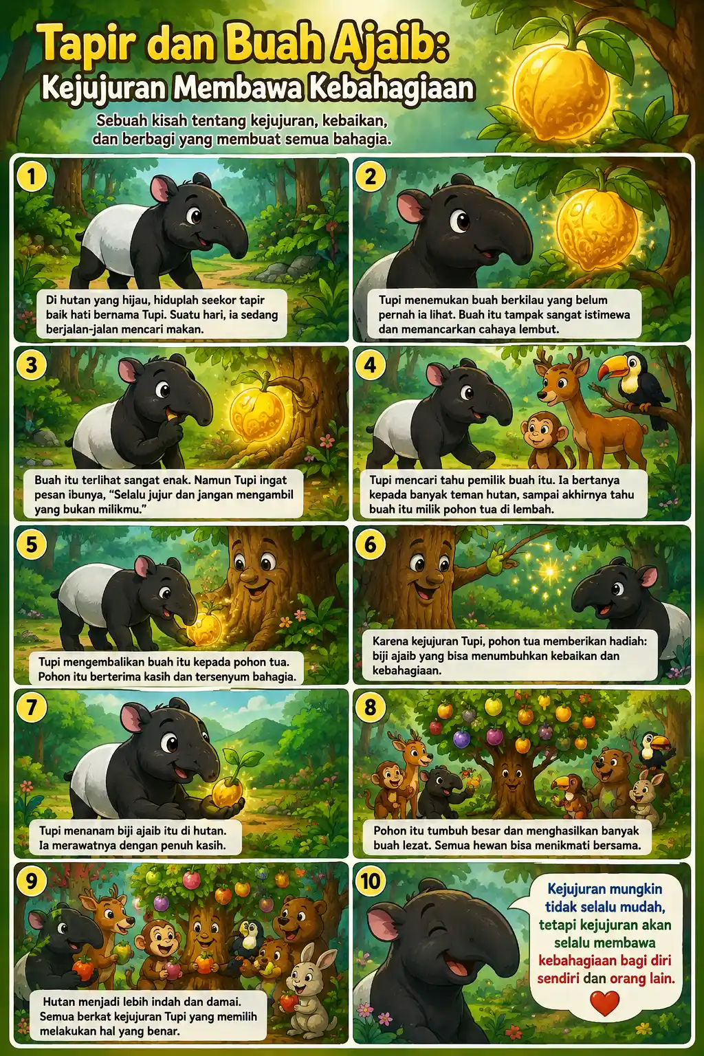 Poster Edukasi Anak Tapir dan Buah Ajaib - Hiasan Dinding Kamar Karakter Hewan Lucu - Kado Anak
