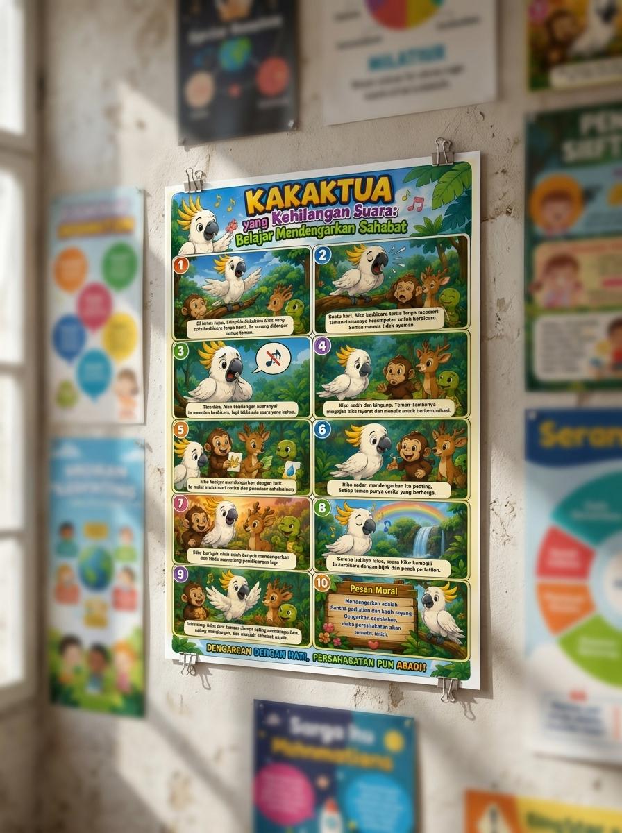Poster Edukasi Anak Kakaktua yang Kehilangan Suara - Belajar Karakter & Empati - Hiasan Dinding TK PAUD