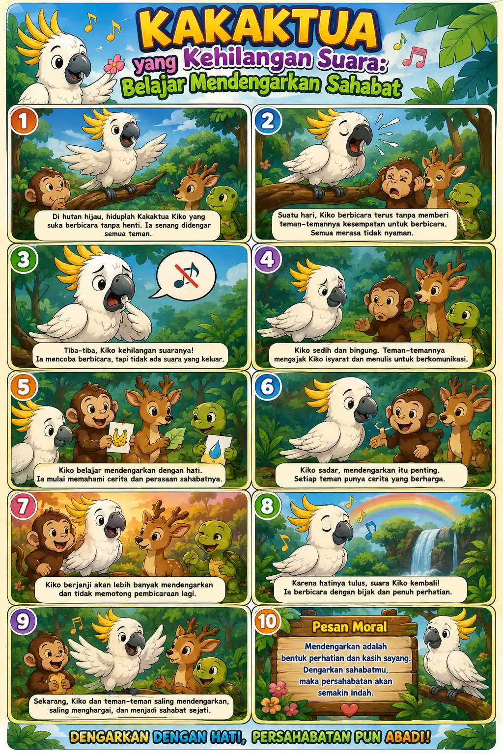 Poster Edukasi Anak Kakaktua yang Kehilangan Suara - Belajar Karakter & Empati - Hiasan Dinding TK PAUD