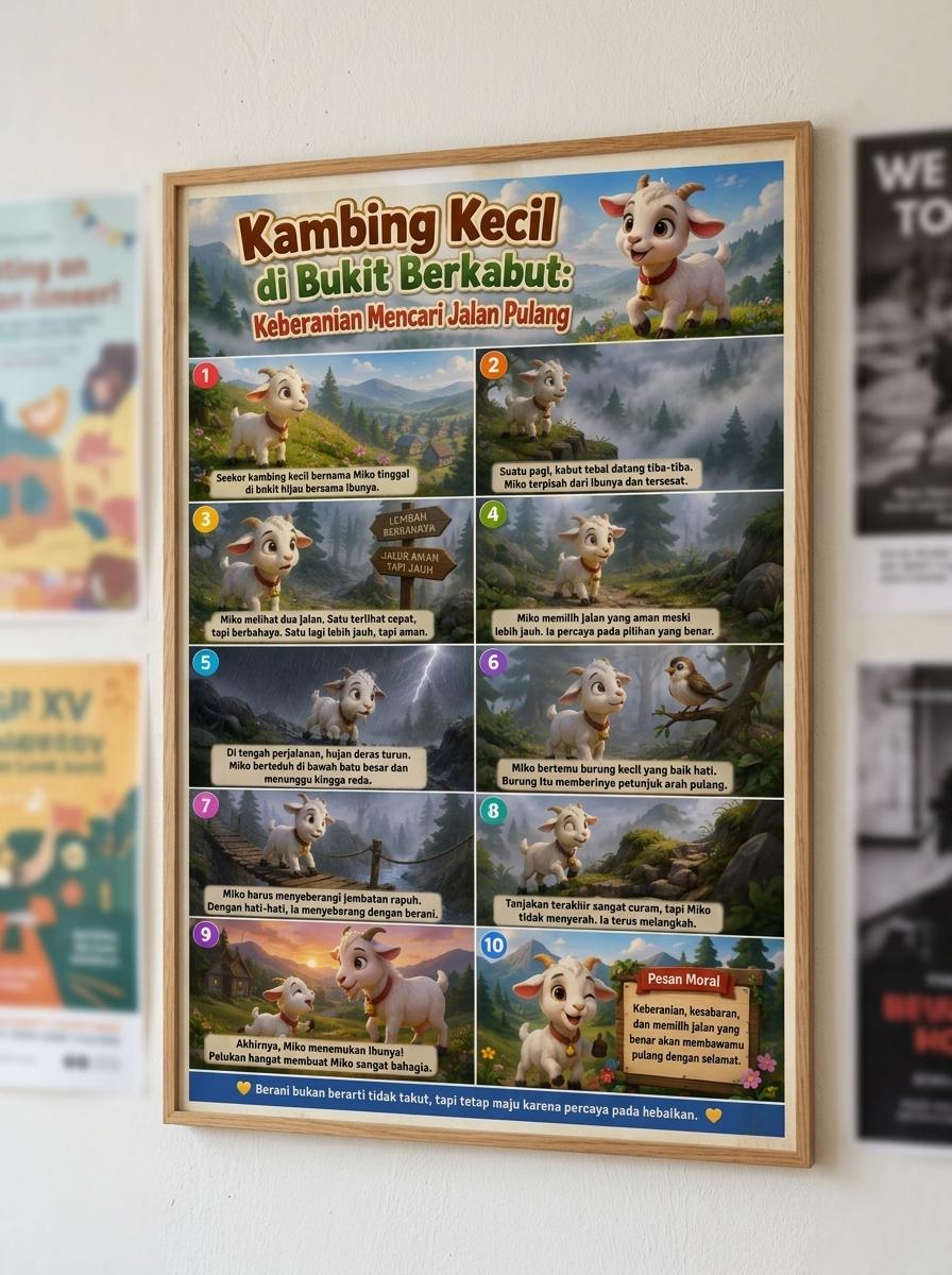 Poster Motivasi Keberanian Kambing Kecil Pemandangan Alam Hiasan Dinding Aesthetic Pajangan Kamar Anak Lucu HD