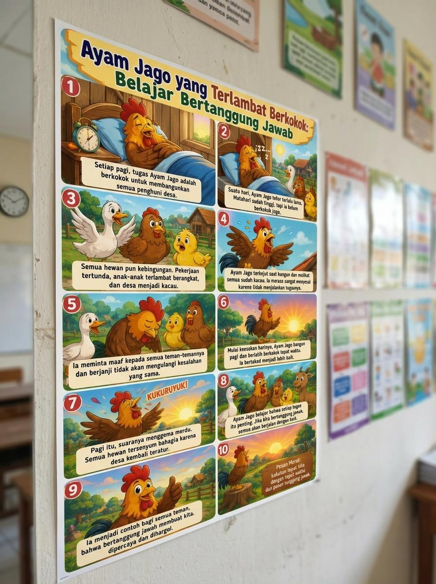 Poster Cerita Bergambar Anak Ayam Jago Terlambat Berkokok Belajar Tanggung Jawab PAUD TK