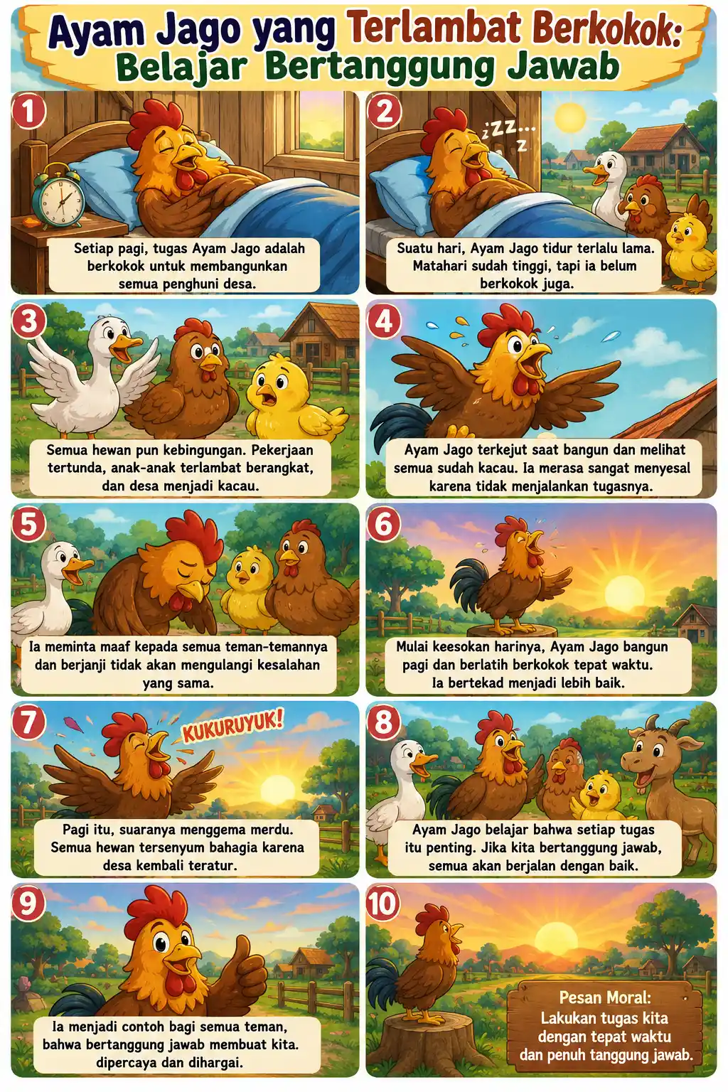 Poster Cerita Bergambar Anak Ayam Jago Terlambat Berkokok Belajar Tanggung Jawab PAUD TK