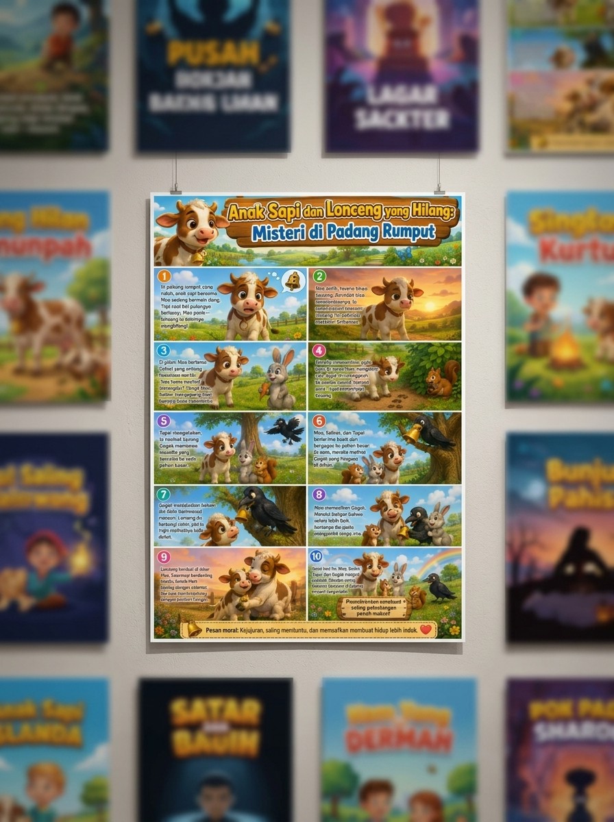 Poster Edukasi Anak Sapi & Lonceng Hilang Hiasan Dinding Kamar TK PAUD A3+