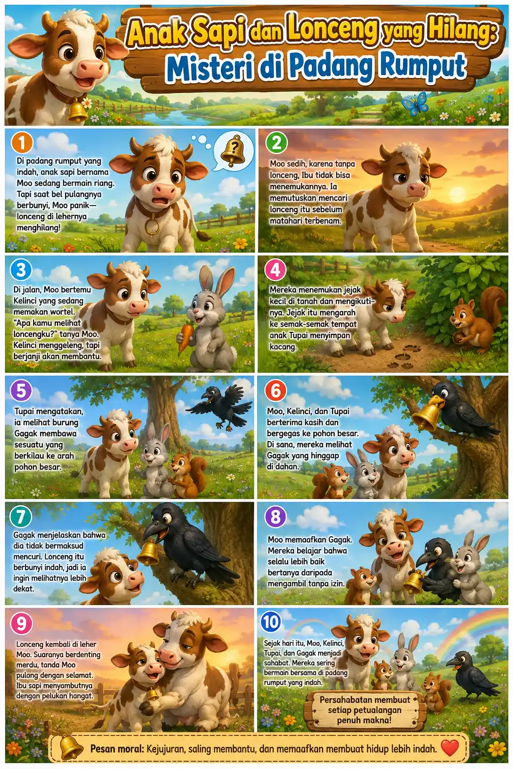 Poster Edukasi Anak Sapi & Lonceng Hilang Hiasan Dinding Kamar TK PAUD A3+