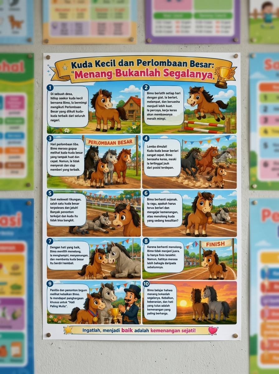 Poster Edukasi Anak Kuda Kecil dan Perlombaan Besar Hiasan Dinding Kamar Motivasi - Menang Bukan Segalanya