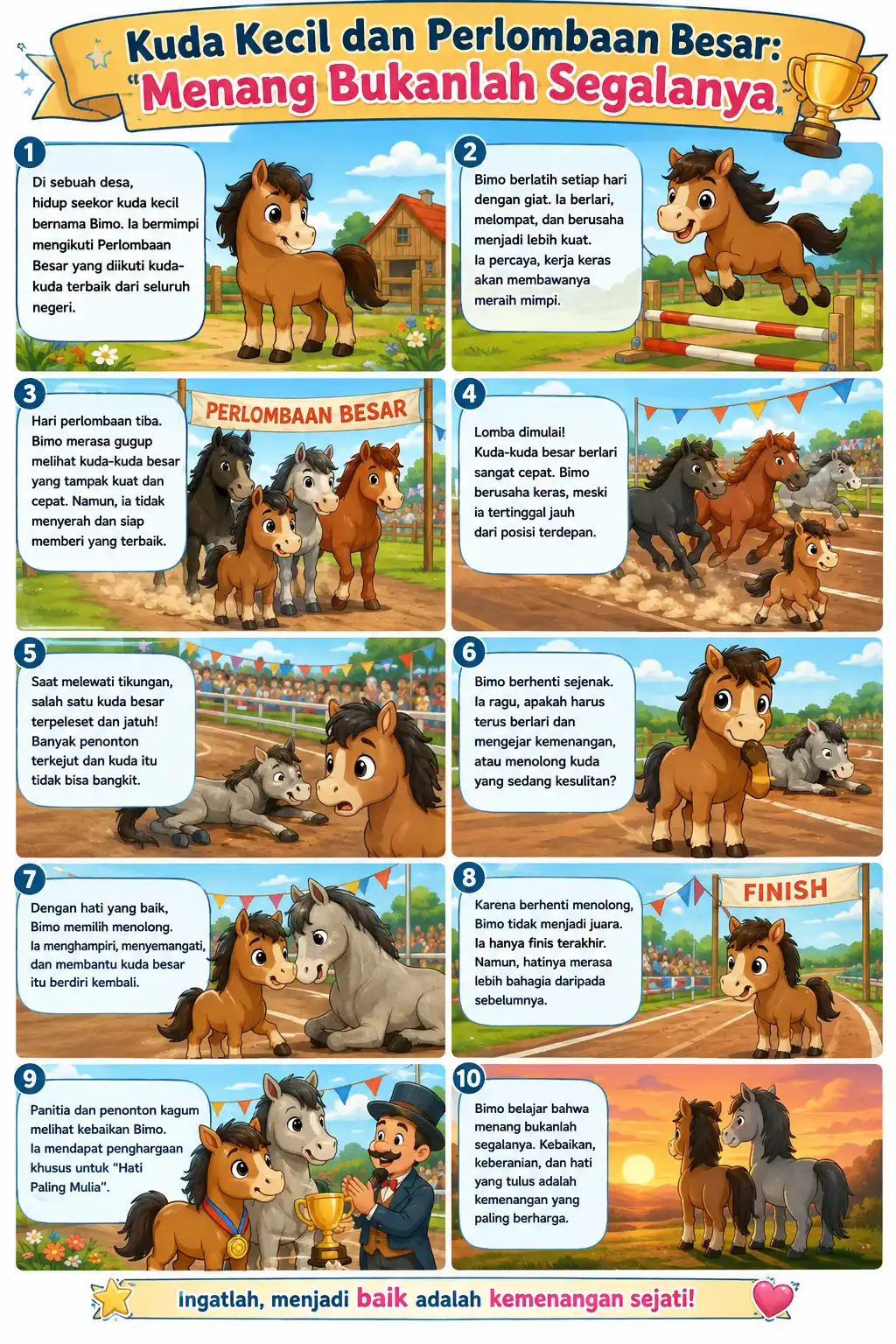 Poster Edukasi Anak Kuda Kecil dan Perlombaan Besar Hiasan Dinding Kamar Motivasi - Menang Bukan Segalanya