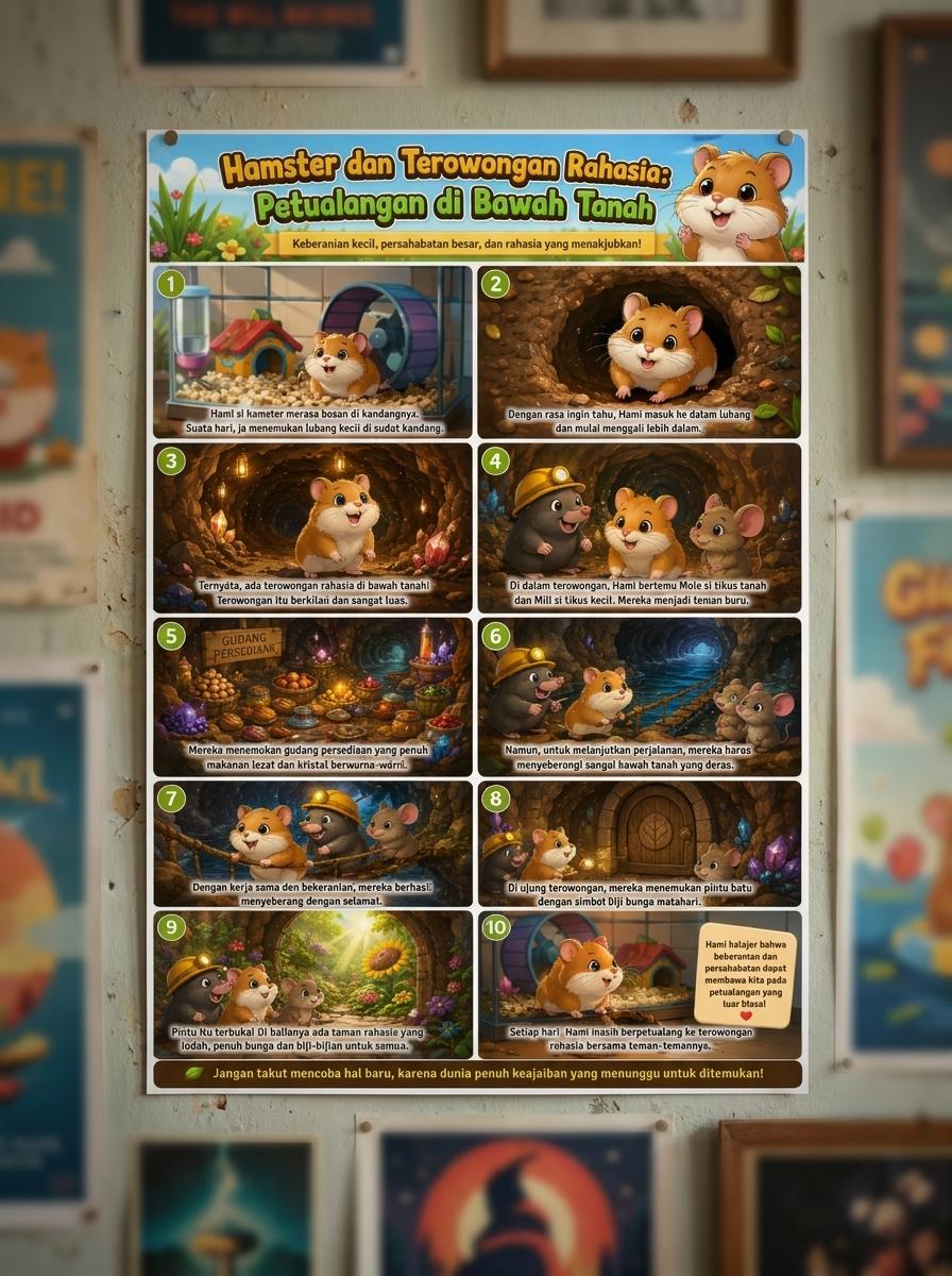 Poster Dinding Hamster Lucu Petualangan Terowongan Hiasan Kamar Anak Aesthetic Premium