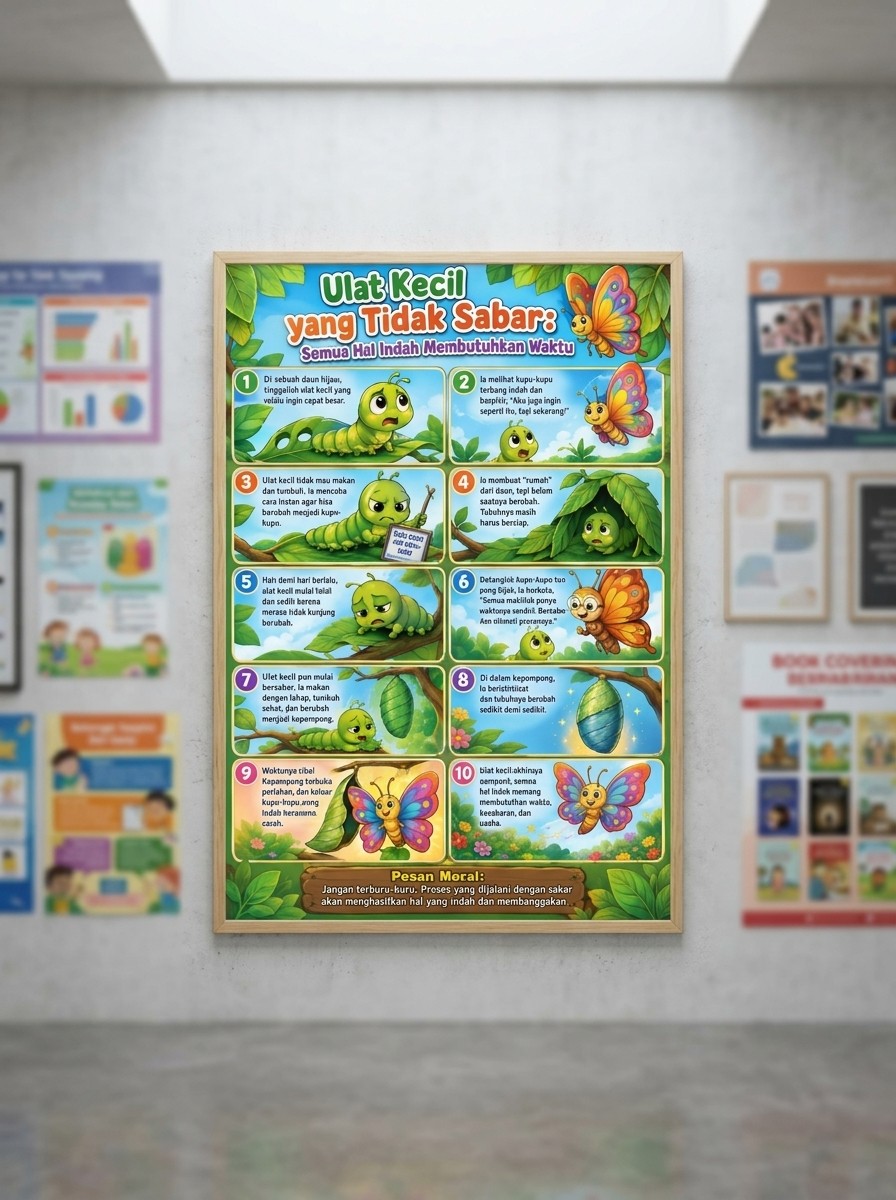 Poster Edukasi Anak Ulat Kecil - Hiasan Dinding Kamar Anak Belajar Sabar Semua Hal Indah Membutuhkan Waktu