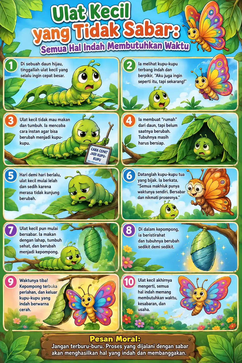 Poster Edukasi Anak Ulat Kecil - Hiasan Dinding Kamar Anak Belajar Sabar Semua Hal Indah Membutuhkan Waktu