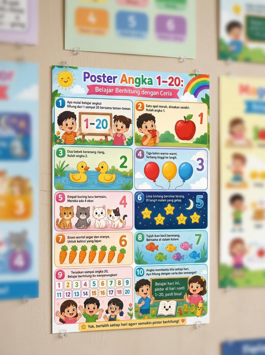 Poster Angka 1 Sampai 20 Belajar Matematika Dasar Anak TK PAUD Media Belajar Seru