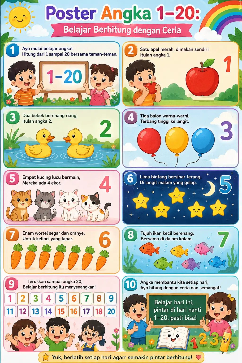 Poster Angka 1 Sampai 20 Belajar Matematika Dasar Anak TK PAUD Media Belajar Seru