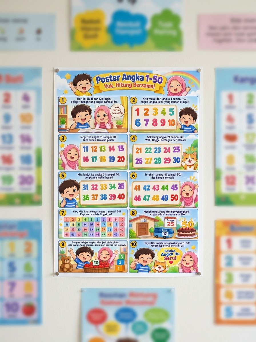 Poster Edukasi Anak Belajar Berhitung Angka 1-50 Media Belajar PAUD TK