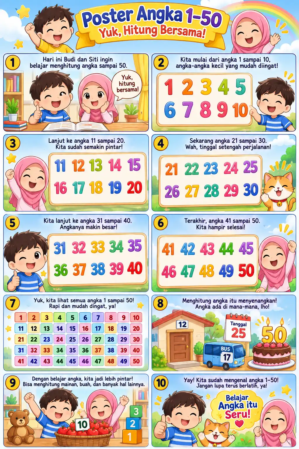 Poster Edukasi Anak Belajar Berhitung Angka 1-50 Media Belajar PAUD TK